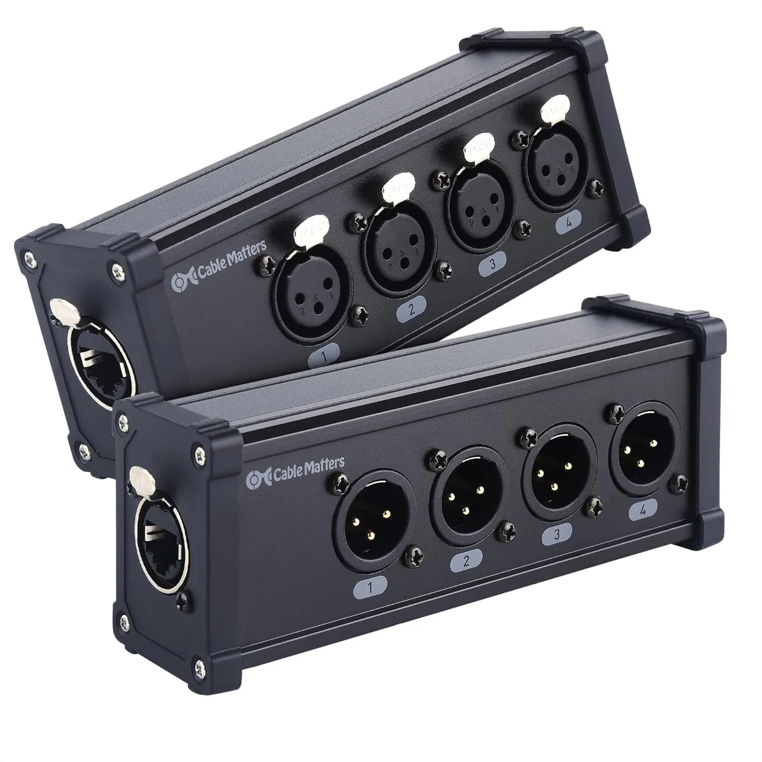 Cable Matters Multi Network XLR Cable 4 Channel Breakout Kit Pair with 2 Boxes (XLR Splitter Boxes Pair with 4X Male XLR Box and 4X Female XLR Box) Compatible with EtherCON Connector, Black