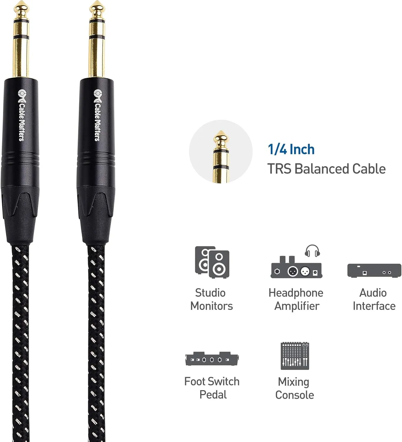 Cable Matters Premium Braided Balanced 1/4 Inch TRS Cable 25 ft (1/4 to 1/4 Cable)