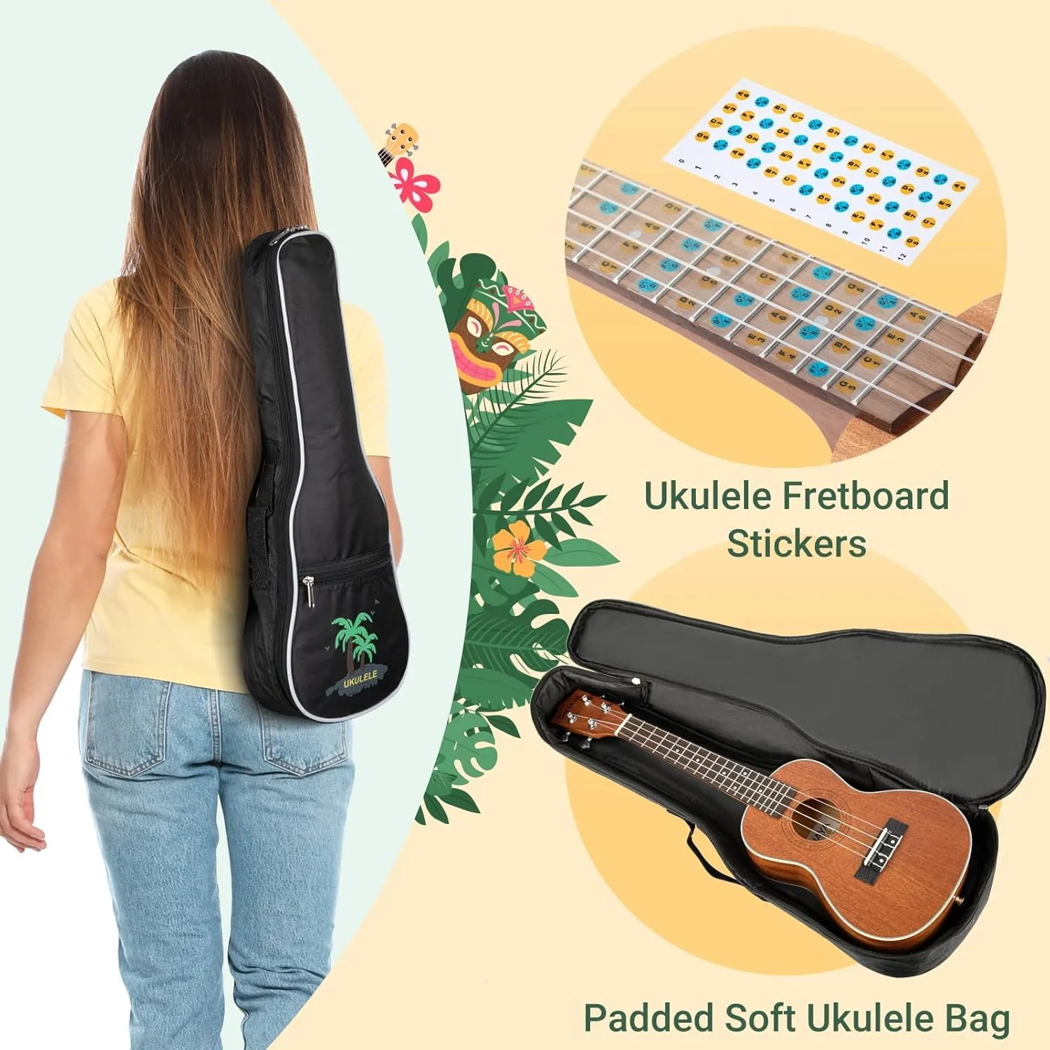 CAHAYA Concert Ukulele Kit Beginner Starter 23 Inch with Gig Bag, Rainbow Strap, Fretboard Stickers, for Adults Sapele, Model CY0070
