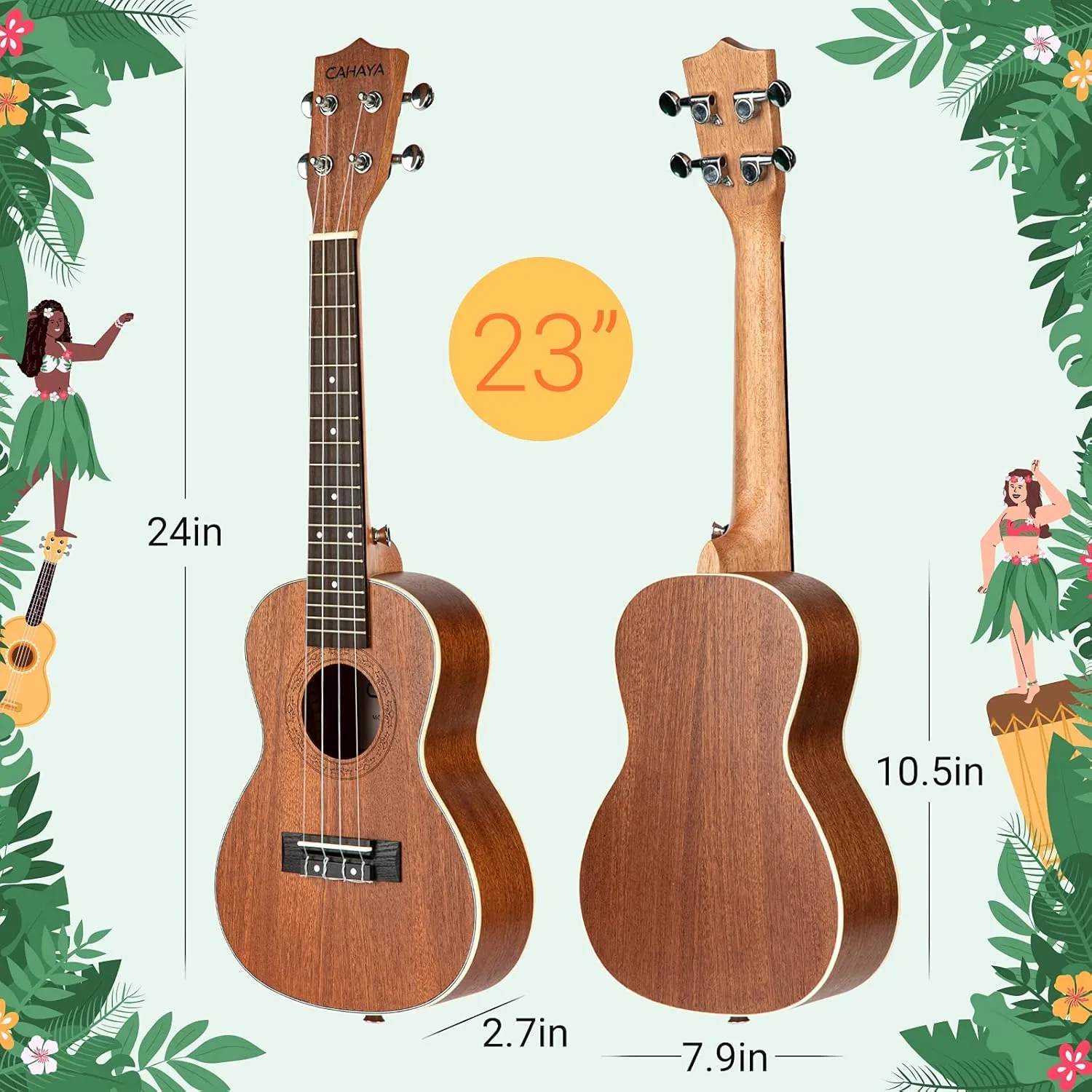 CAHAYA Concert Ukulele Kit Beginner Starter 23 Inch with Gig Bag, Rainbow Strap, Fretboard Stickers, for Adults Sapele, Model CY0070