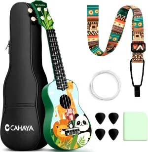 CAHAYA Soprano Ukulele Beginner Kit: 21-Inch Ukulele Cartoon-Themed with Gig Bag Shoulder Strap and Fretboard Stickers for Kids Adults Hawaiian Ukulele Gift Set