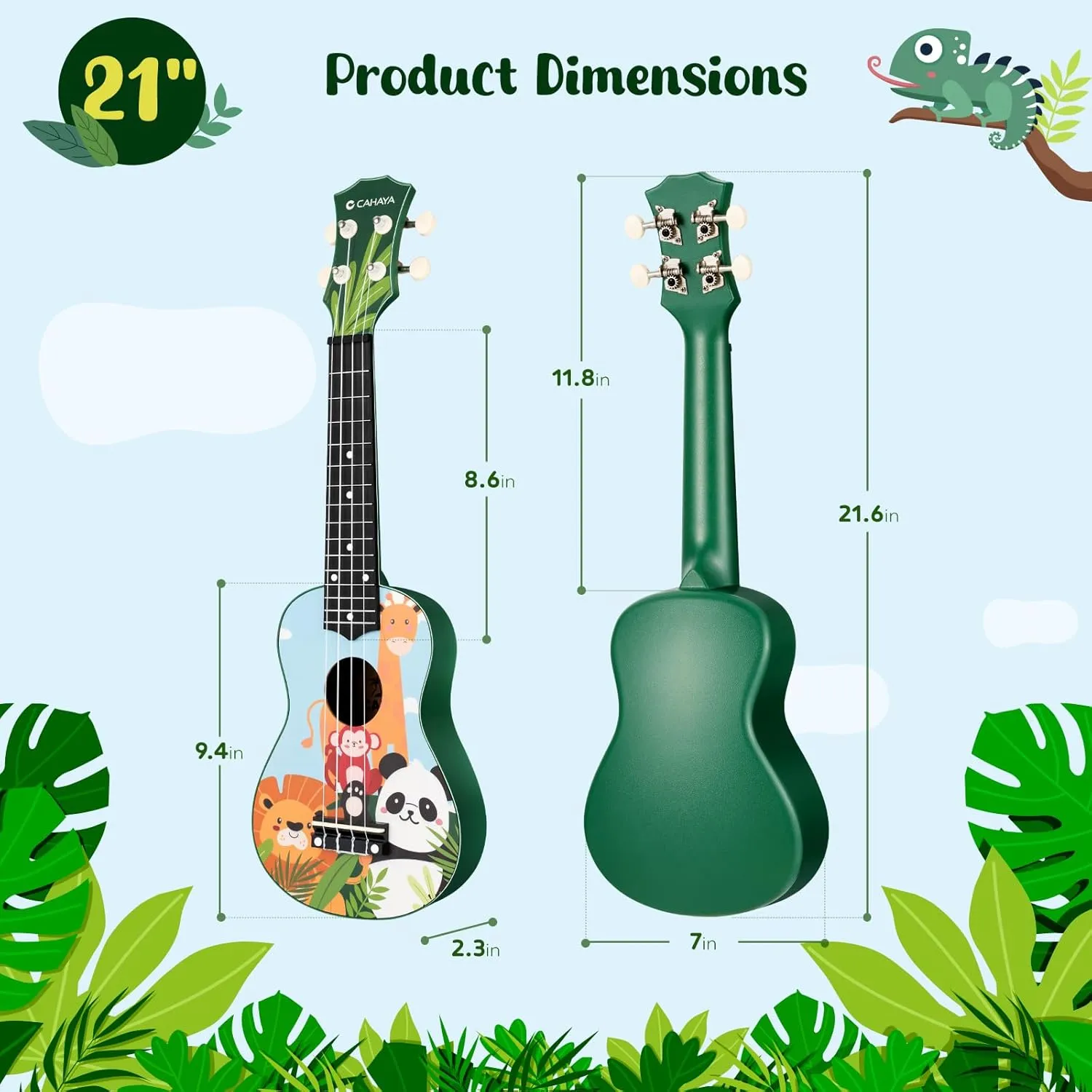 CAHAYA Soprano Ukulele Beginner Kit: 21-Inch Ukulele Cartoon-Themed with Gig Bag Shoulder Strap and Fretboard Stickers for Kids Adults Hawaiian Ukulele Gift Set