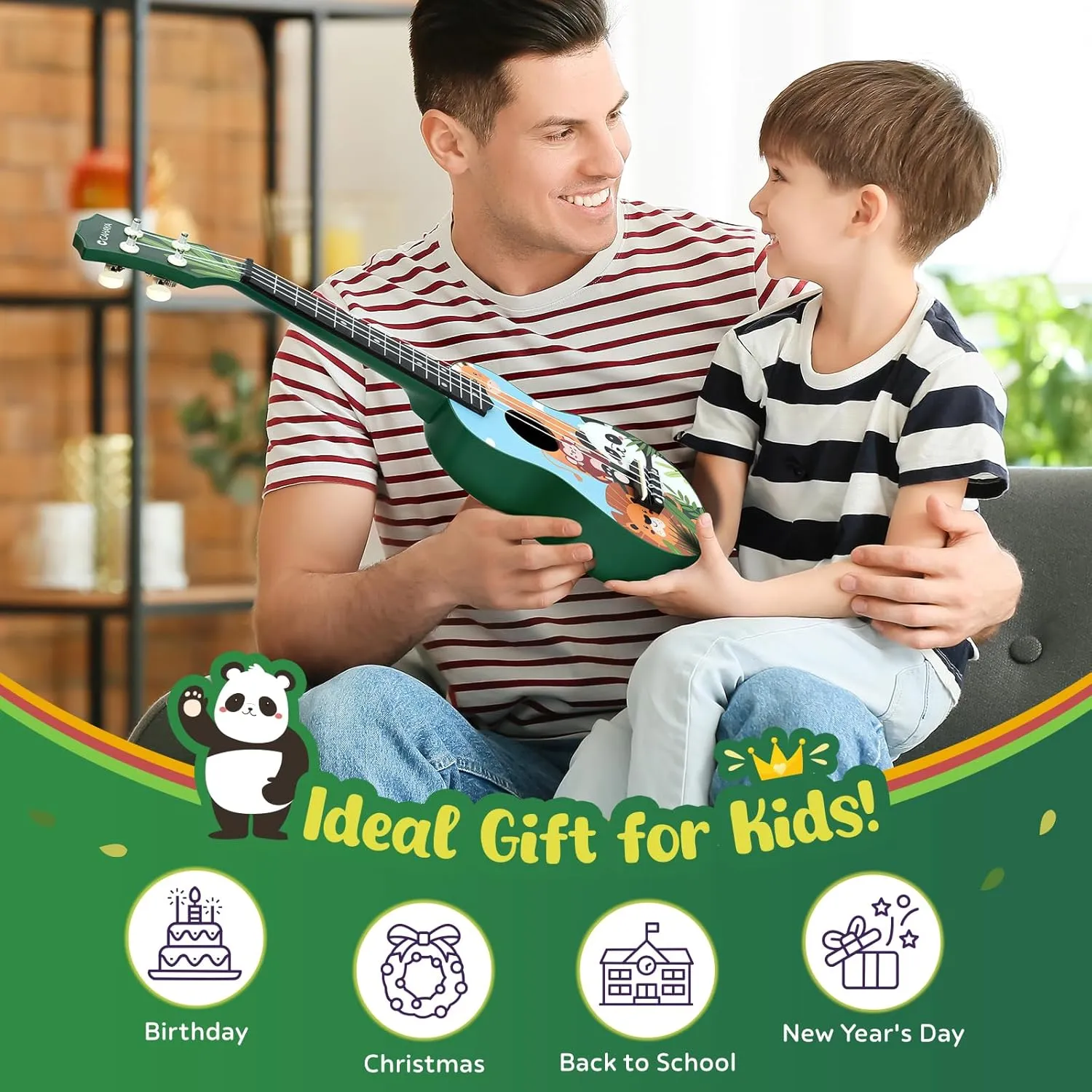 CAHAYA Soprano Ukulele Beginner Kit: 21-Inch Ukulele Cartoon-Themed with Gig Bag Shoulder Strap and Fretboard Stickers for Kids Adults Hawaiian Ukulele Gift Set