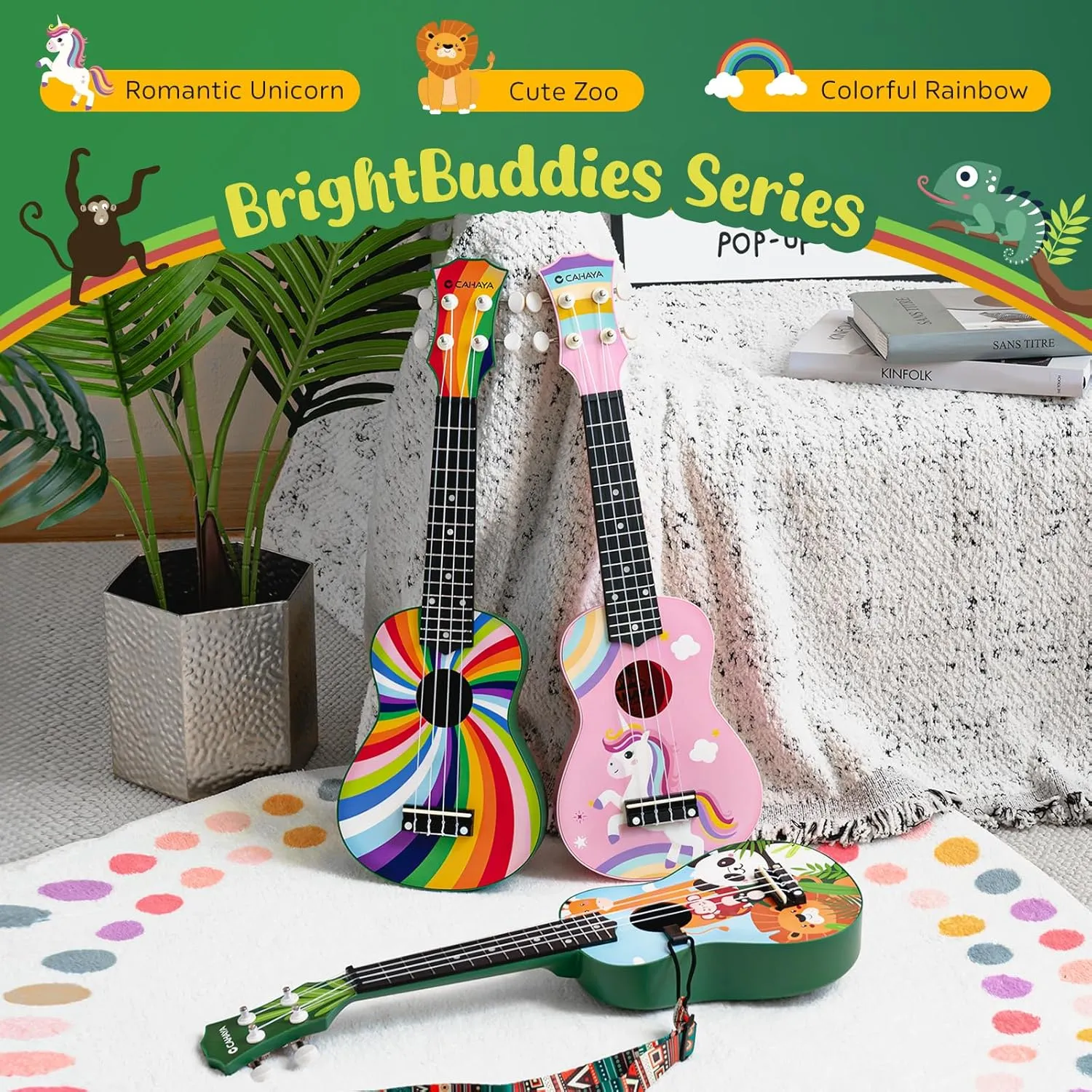 CAHAYA Soprano Ukulele Beginner Kit: 21-Inch Ukulele Cartoon-Themed with Gig Bag Shoulder Strap and Fretboard Stickers for Kids Adults Hawaiian Ukulele Gift Set