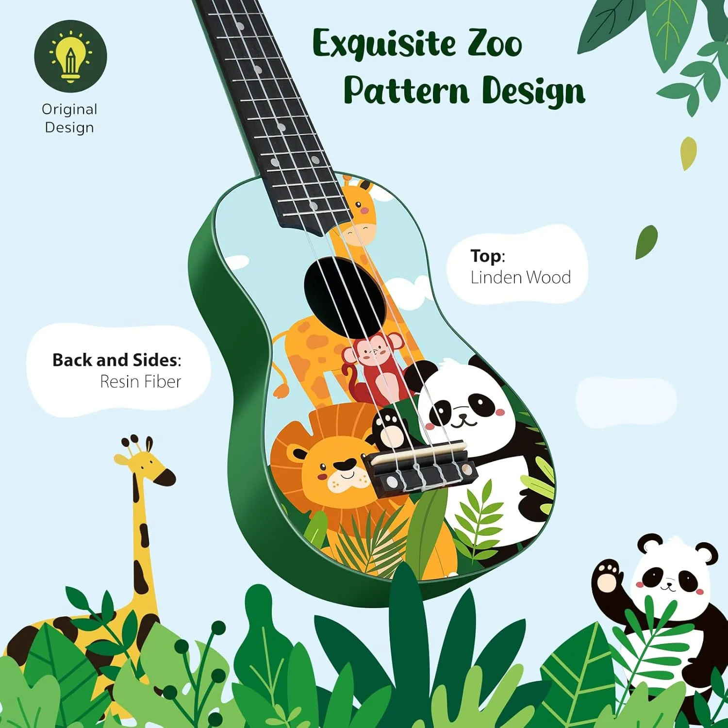 CAHAYA Soprano Ukulele Beginner Kit: 21-Inch Ukulele Cartoon-Themed with Gig Bag Shoulder Strap and Fretboard Stickers for Kids Adults Hawaiian Ukulele Gift Set