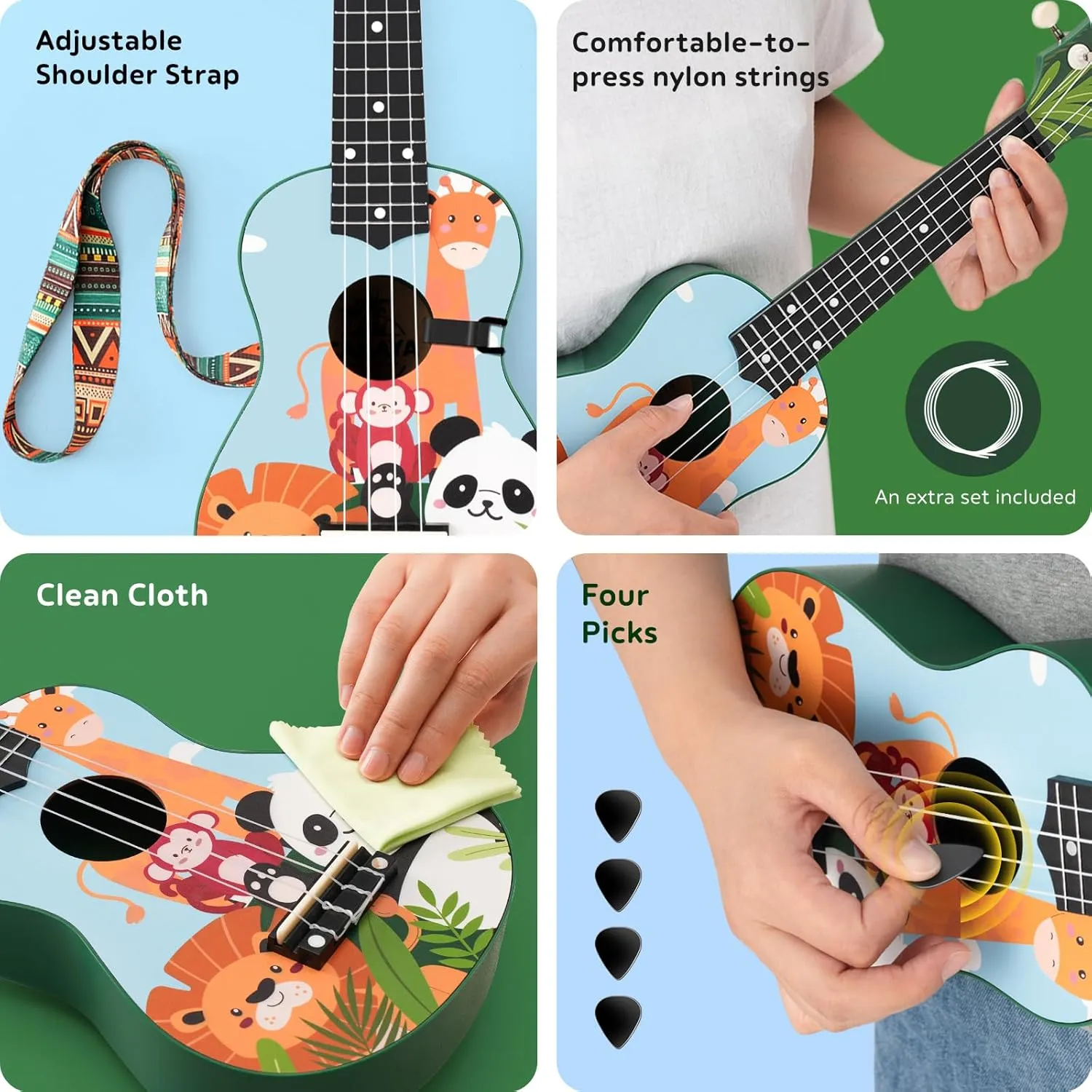 CAHAYA Soprano Ukulele Beginner Kit: 21-Inch Ukulele Cartoon-Themed with Gig Bag Shoulder Strap and Fretboard Stickers for Kids Adults Hawaiian Ukulele Gift Set