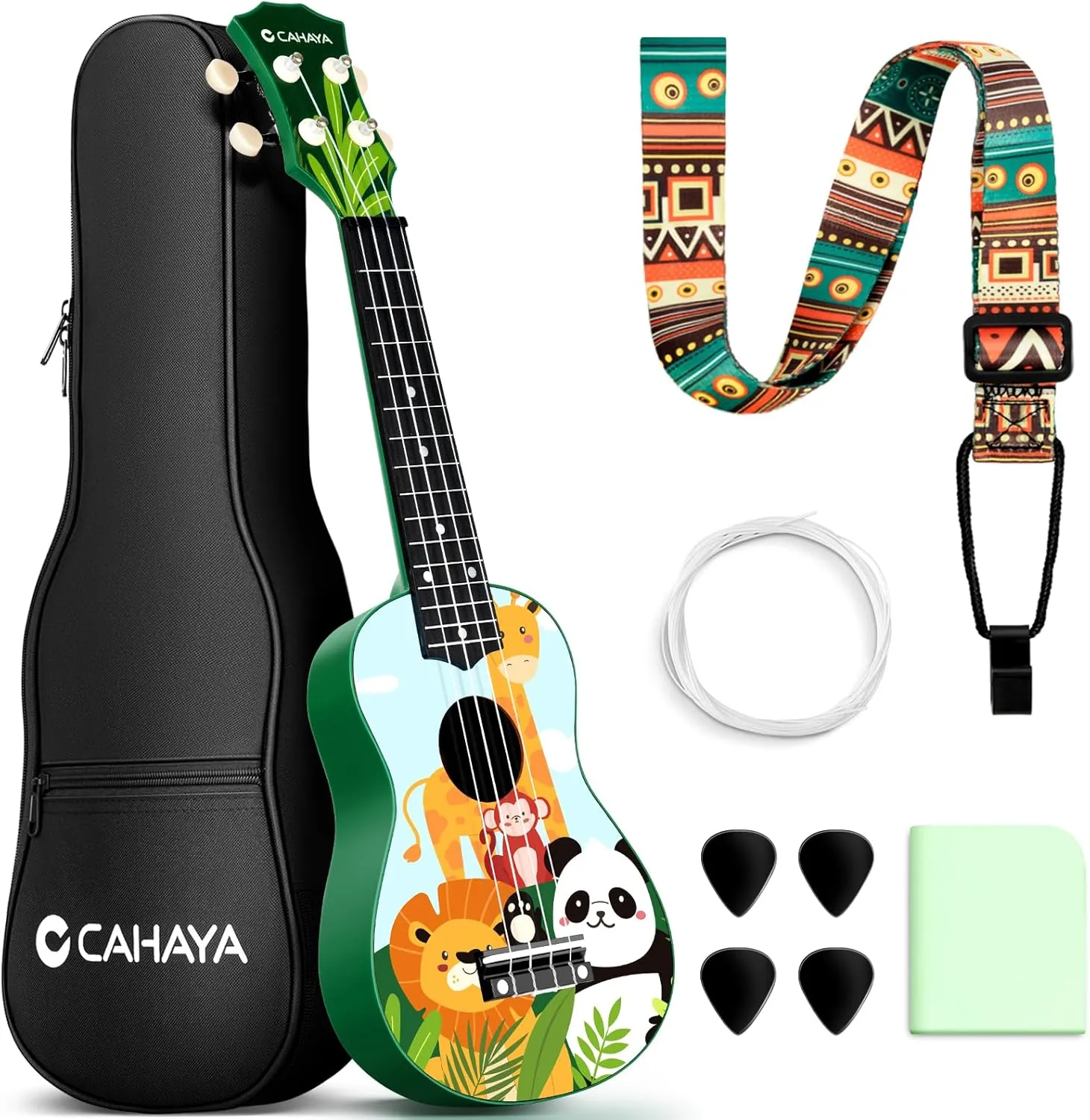 CAHAYA Soprano Ukulele Beginner Kit: 21-Inch Ukulele Cartoon-Themed with Gig Bag Shoulder Strap and Fretboard Stickers for Kids Adults Hawaiian Ukulele Gift Set