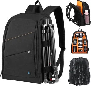 Camera Backpack Bag, Large Capacity Professional DSLR Camera Bag with Built-in Laptop Compartment and Waterproof Rain Cover, Tripod Holder for Women Men, Black