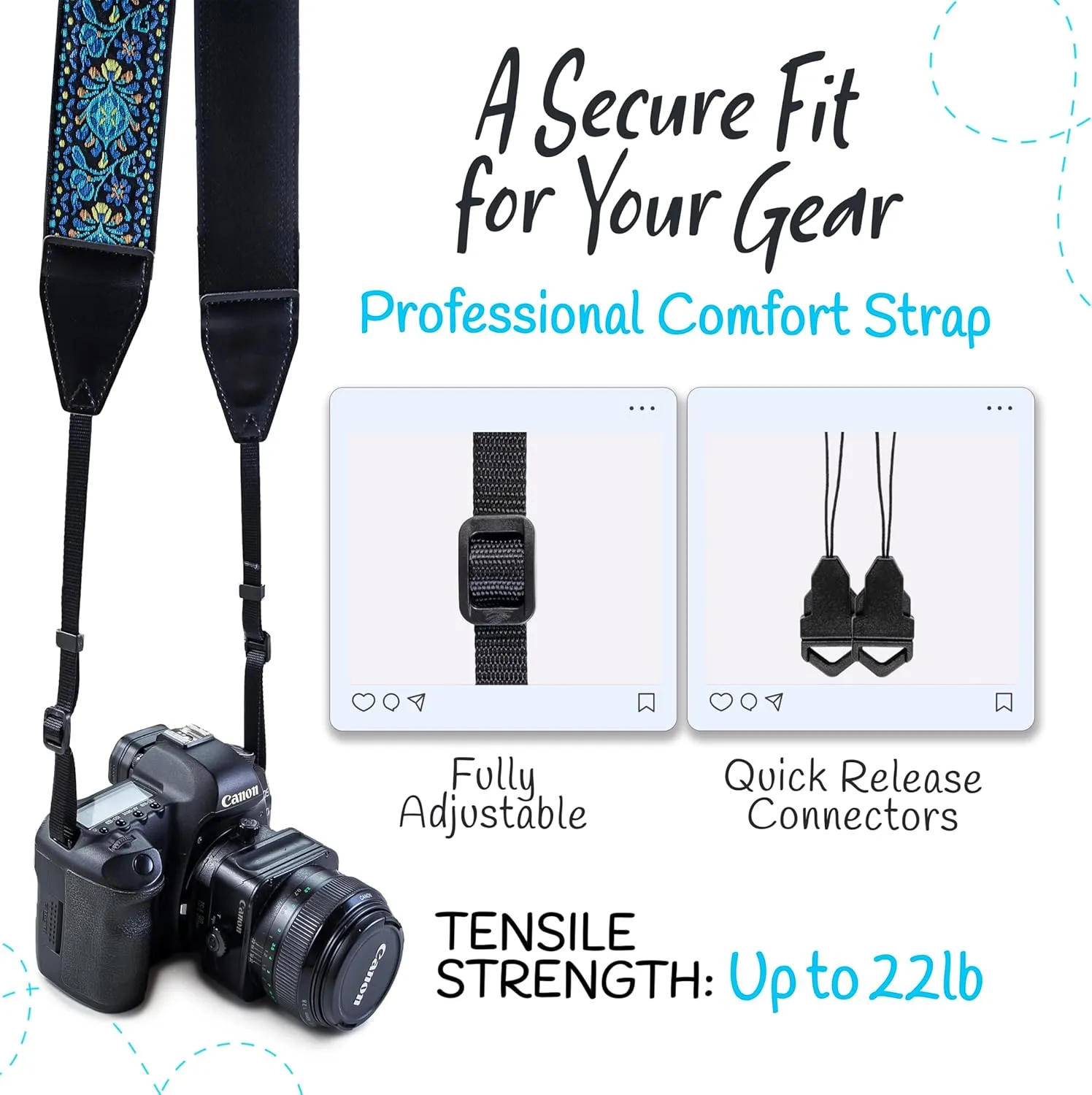 Camera Strap For Photographers Padded Universal Fit Neck Shoulder & Crossbody Strap Quick Release For DSLR/SLR/Mirrorless Canon Nikon Sony Olympus Compatible Photographer Gift for Men & Women - Blue
