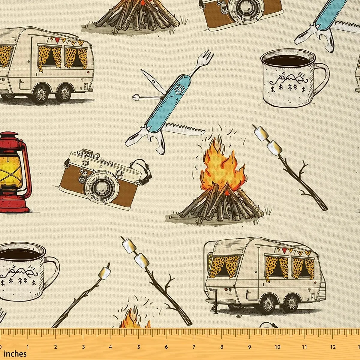 Camping Theme Fabric by The Yard Cartoon Cute Camper Camera Decorative Fabric for Kids Teens Adults Wild Rustic Jungle Adventure Style Fabric for Bed Outdoor Indoor DIY Projects 3 Yards,108" L x 59" W