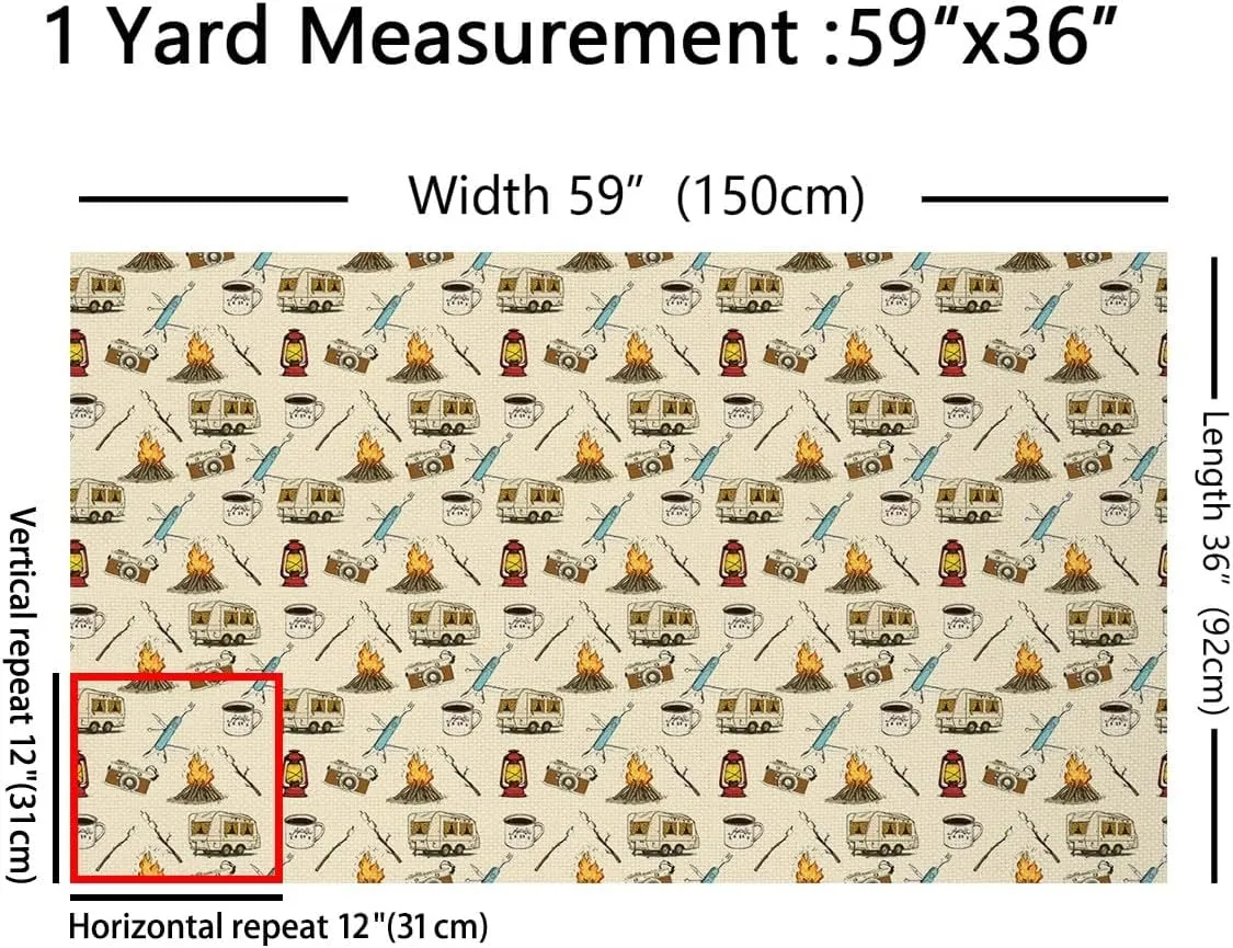 Camping Theme Fabric by The Yard Cartoon Cute Camper Camera Decorative Fabric for Kids Teens Adults Wild Rustic Jungle Adventure Style Fabric for Bed Outdoor Indoor DIY Projects 3 Yards,108" L x 59" W