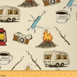 Camping Theme Fabric by The Yard Cartoon Cute Camper Camera Decorative Fabric for Kids Teens Adults Wild Rustic Jungle Adventure Style Fabric for Bed Outdoor Indoor DIY Projects 3 Yards,108" L x 59" W