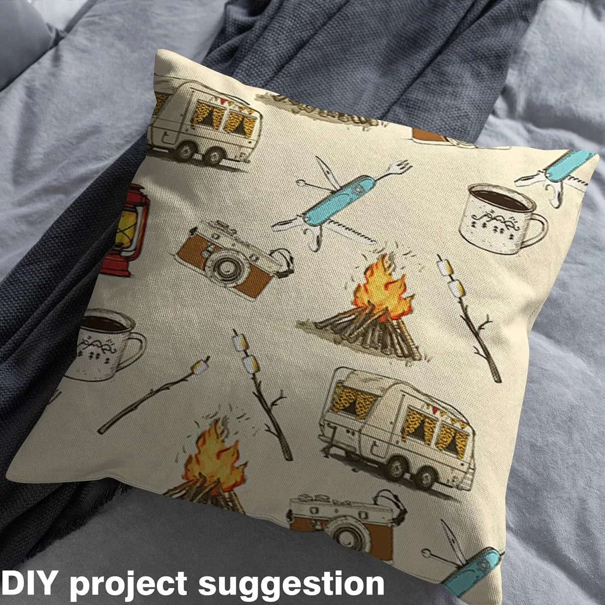 Camping Theme Fabric by The Yard Cartoon Cute Camper Camera Decorative Fabric for Kids Teens Adults Wild Rustic Jungle Adventure Style Fabric for Bed Outdoor Indoor DIY Projects 3 Yards,108" L x 59" W