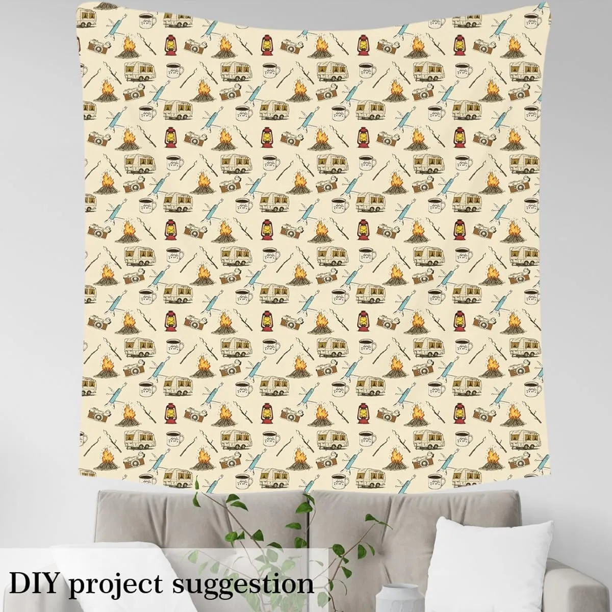 Camping Theme Fabric by The Yard Cartoon Cute Camper Camera Decorative Fabric for Kids Teens Adults Wild Rustic Jungle Adventure Style Fabric for Bed Outdoor Indoor DIY Projects 3 Yards,108" L x 59" W
