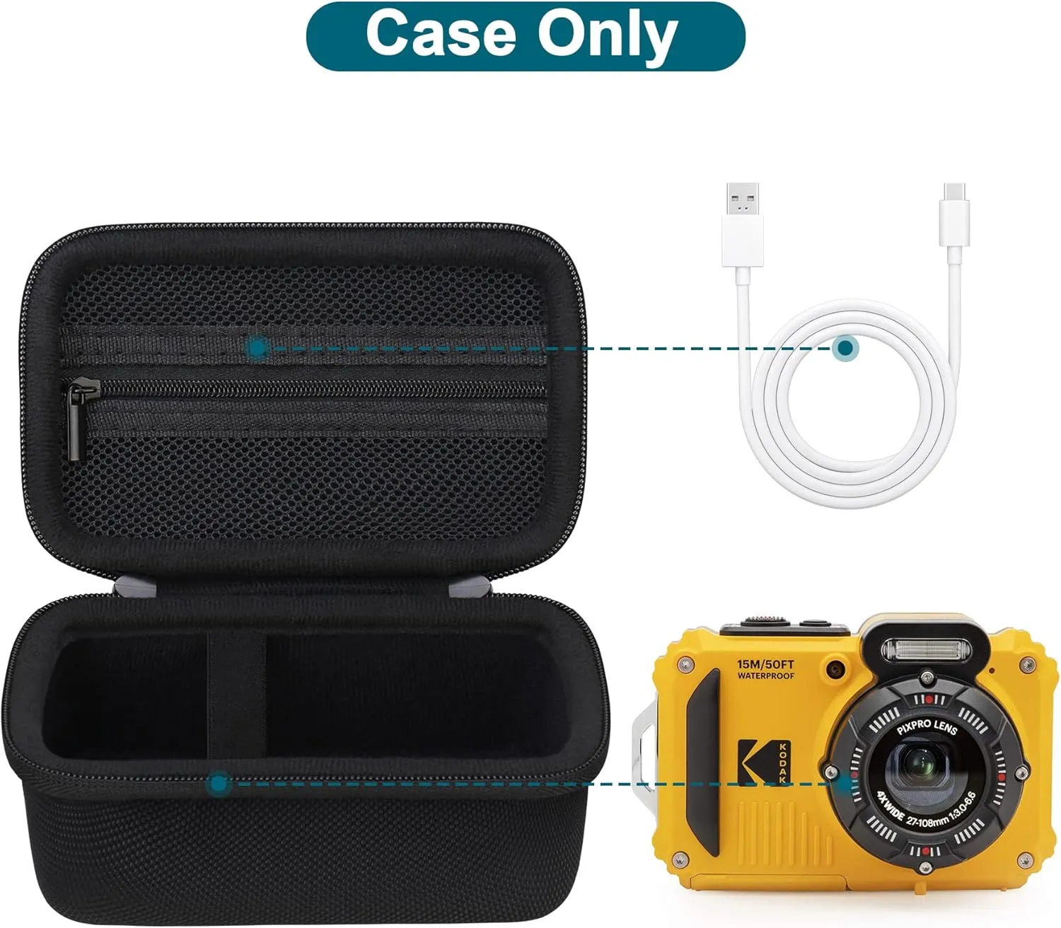 Canboc Carrying Case for Kodak PIXPRO WPZ2 Rugged Waterproof Digital Camera, Underwater Photography Camera Bag, Mesh Pocket fits USB Cable, Battery, Adapter, Black (Case Only)