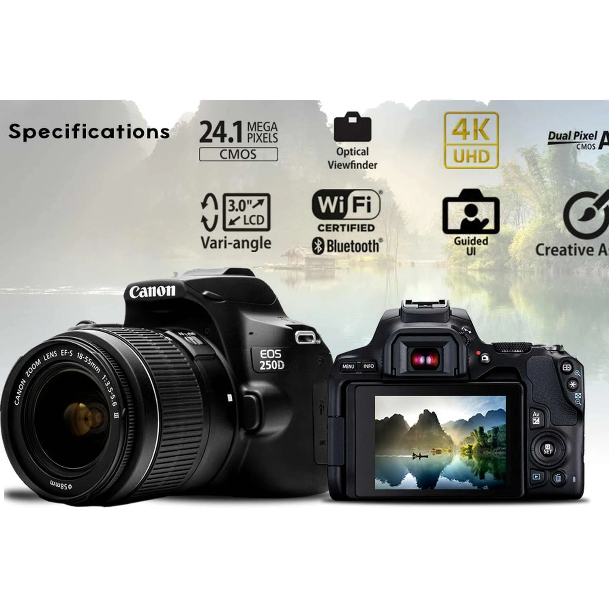 Canon EOS 250D / Rebel SL3 DSLR Camera with 18-55mm Lens (Black)   Creative Filter Set, EOS Camera Bag   Sandisk Ultra 64GB Card