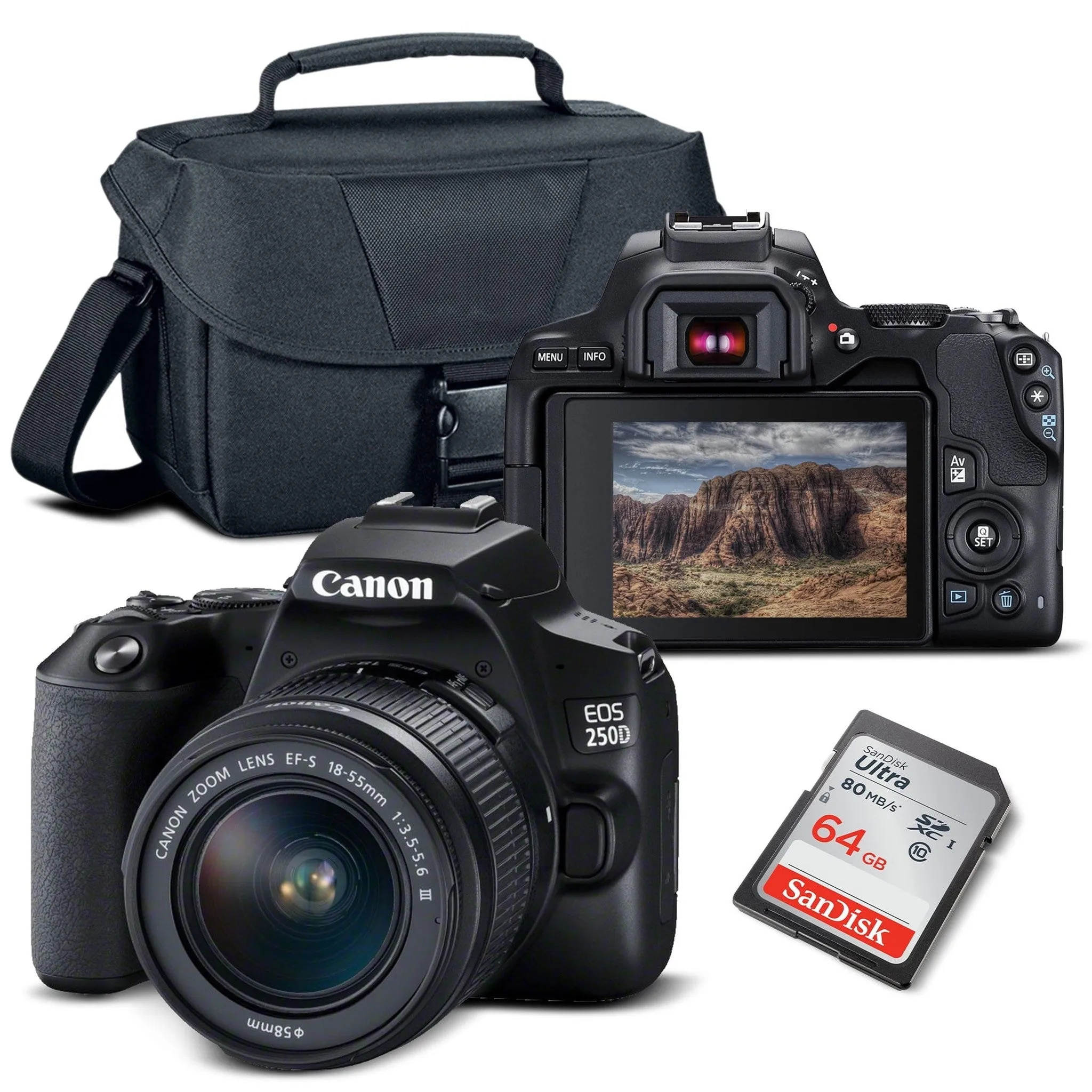 Canon EOS 250D / Rebel SL3 DSLR Camera with 18-55mm Lens (Black)   Creative Filter Set, EOS Camera Bag   Sandisk Ultra 64GB Card