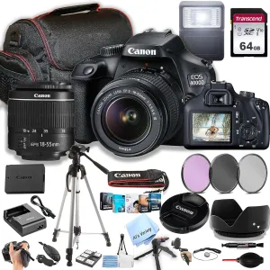 Canon EOS 4000D / Rebel T100 DSLR Camera w/EF-S 18-55mm F/3.5-5.6 Zoom Lens   64GB Memory, Filters,Case, Tripod, Flash, and More (34pc Bundle) (Renewed)