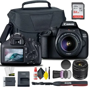Canon EOS 4000D / Rebel T100 DSLR Camera with 18-55mm Lens   Creative Filter Set, EOS Camera Bag   Sandisk Ultra 64GB Card   6AVE Electronics Cleaning Set, and More (International Model) (Renewed)