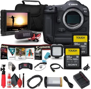Canon EOS R3 Mirrorless Camera (4895C002)   4K Monitor   Rode VideoMic   2 x Sony 64GB TOUGH SD Card   Card Reader   LED Light   Corel Photo Software   HDMI Cable   Case   Flex Tripod   More (Renewed)