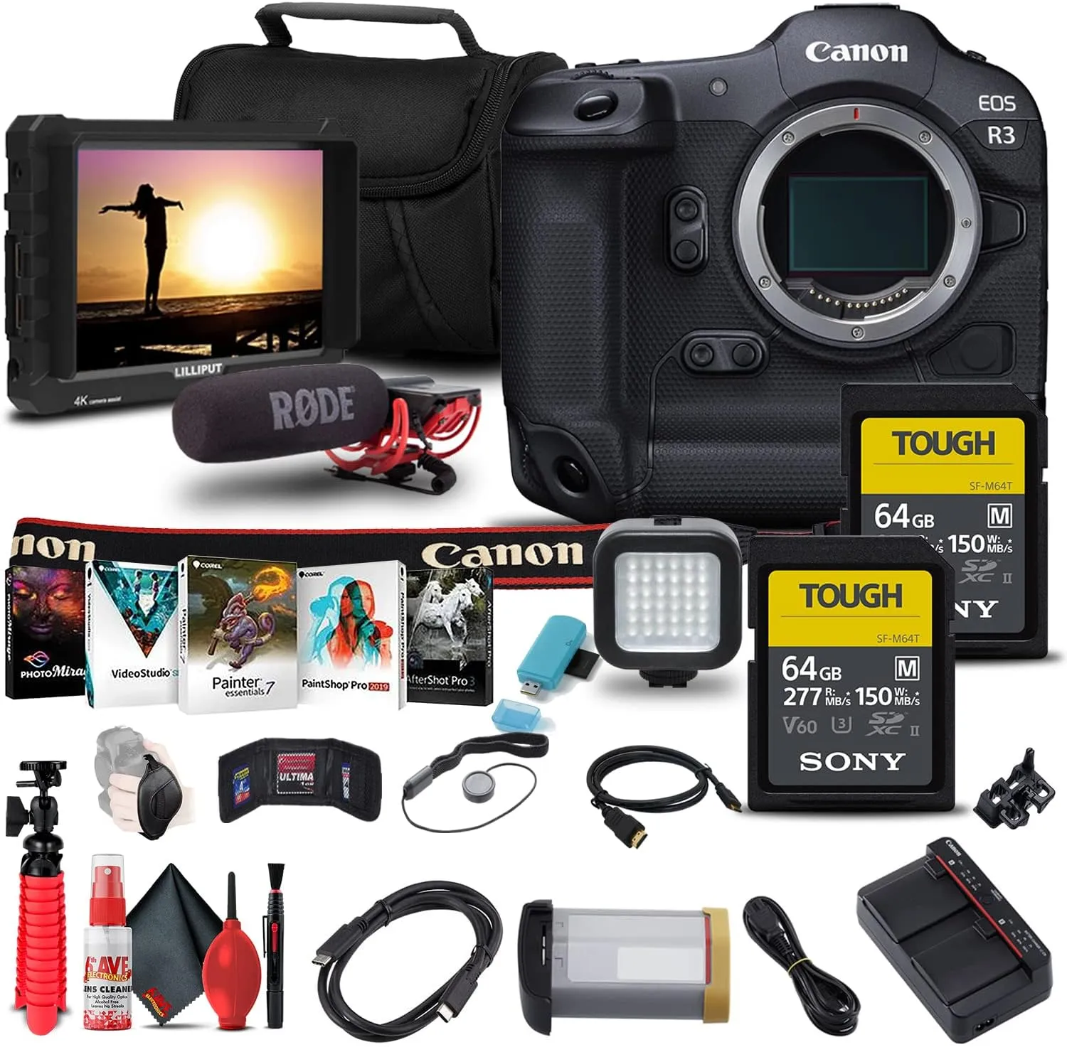 Canon EOS R3 Mirrorless Camera (4895C002)   4K Monitor   Rode VideoMic   2 x Sony 64GB TOUGH SD Card   Card Reader   LED Light   Corel Photo Software   HDMI Cable   Case   Flex Tripod   More (Renewed)