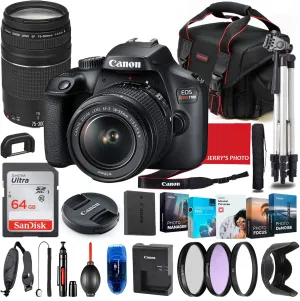 Canon EOS Rebel T100 DSLR Camera with 18-55mm & 75-300mm Lens Bundle   Premium Accessory Bundle Including 64GB Memory, Filters, Photo/Video Software Package, Shoulder Bag & More (Renewed)