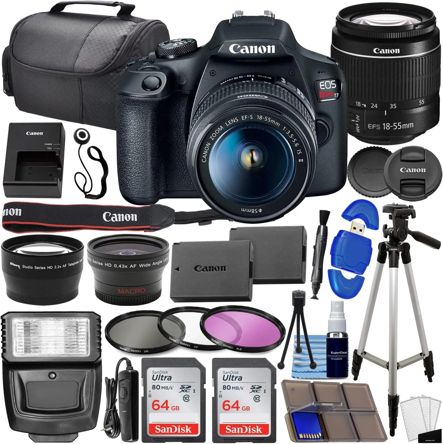 Canon EOS Rebel T7 DSLR Camera Bundle w/ Canon EF-S 18-55mm f/3.5-5.6 is II Lens   2pc SanDisk 64GB Memory Cards, Wide Angle Lens, Telephoto Lens, 3pc Filter Kit   Accessory Kit