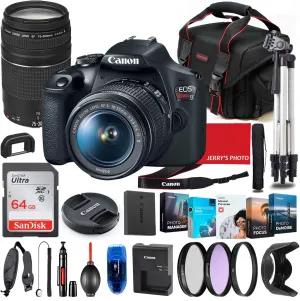 Canon EOS Rebel T7 DSLR Camera with 18-55mm is II & 75-300mm Lens Bundle   Premium Accessory Bundle Including 64GB Memory, Filters, Photo/Video Software Package, Shoulder Bag & More (Renewed)
