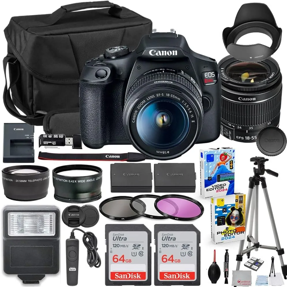 Canon EOS Rebel T7 DSLR Camera with 18-55mm Lens Bundle with Extra Canon Battery   2X 64GB Memory Cards   Accessory Kit Including Bag, Flash, Remote, Aux Lenses, Software & More