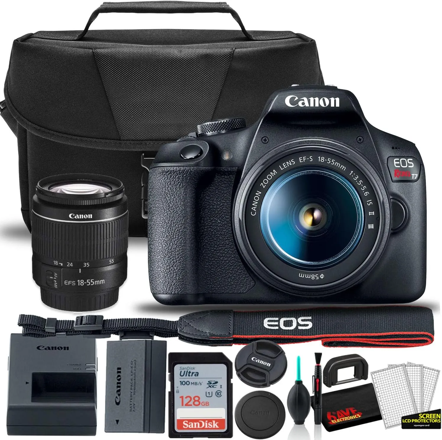 Canon EOS Rebel T7 DSLR Camera with 18-55mm Lens Starter Bundle   Includes: EOS Bag   Ultra 128GB Card   Clean and Care Kit   More (Renewed)