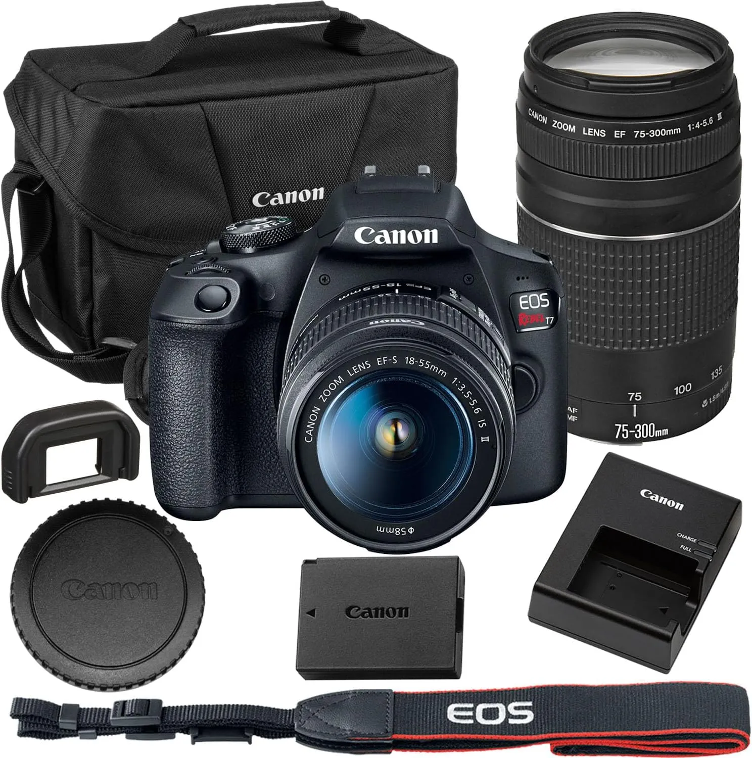 Canon EOS Rebel T7 DSLR Camera with Canon EF-S 18-55mm f/3.5-5.6 is II and EF 75-300mm f/4-5.6 III Lens Kit with Canon Shoulder Bag, Black
