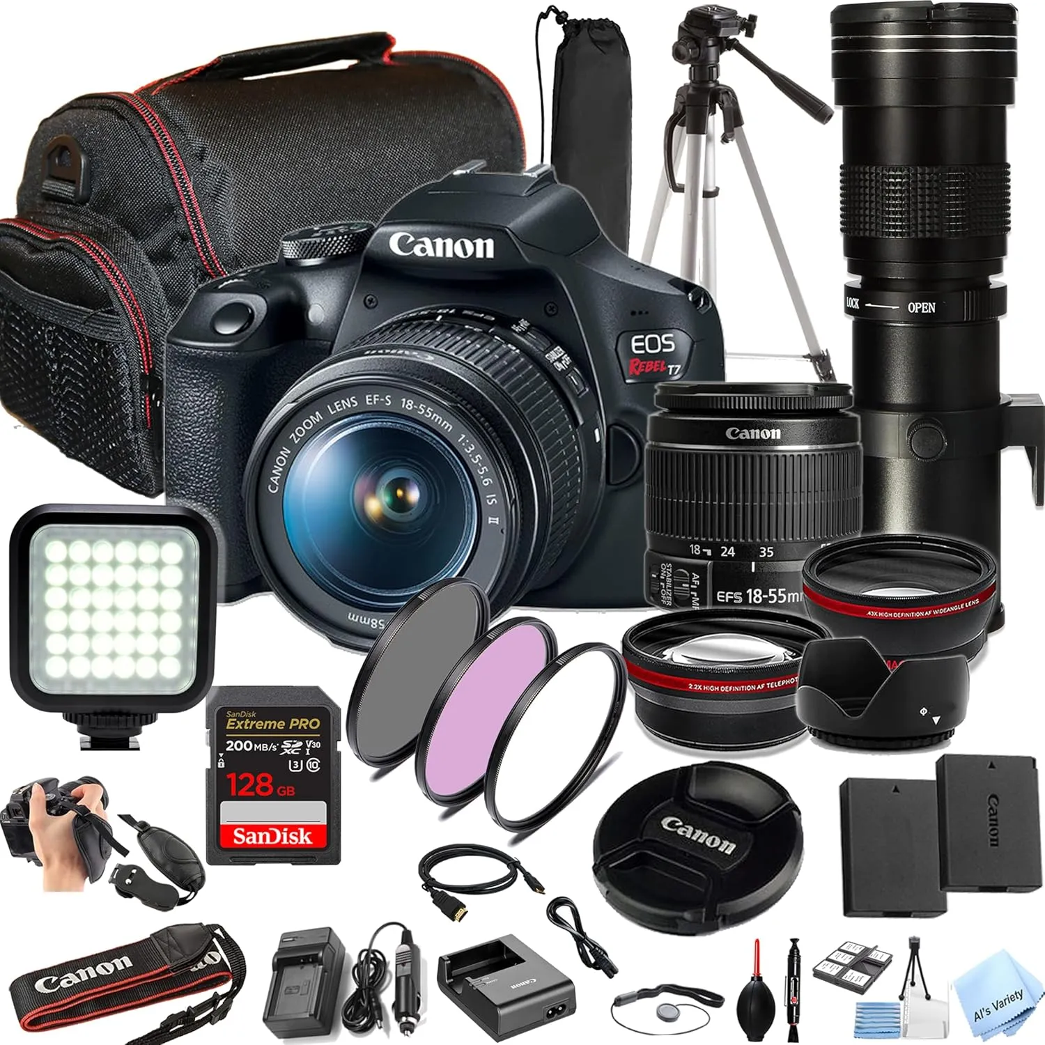 Canon EOS Rebel T7 w/ 18-55mm Lens   420-800mm Super Telephoto Lens   128GB Extreme Speed Card, LED Video Light, Camera Case, Tripod,Spare Battery, Filter Kit, and More (Essential DSLR Kit) (Renewed)