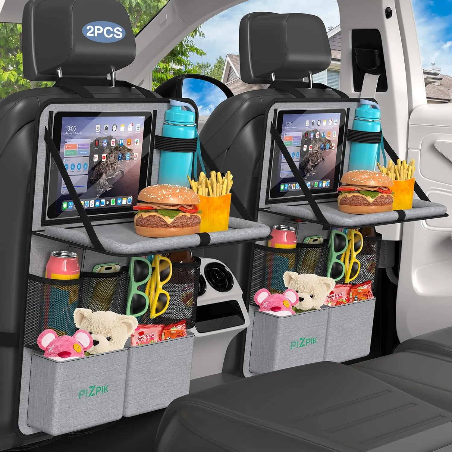 Car Backseat Organizer with Tablet Holder,11 Storage Pockets with Foldable Food Tray, Protector Kick Mats for Kids, Travel Accessories Organizer (Gray, 2Pack)