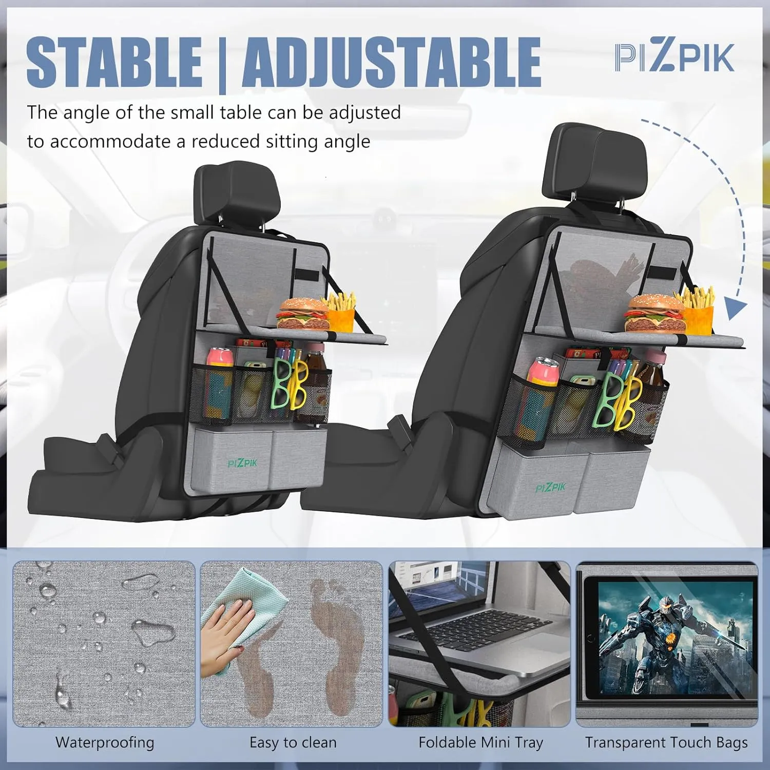 Car Backseat Organizer with Tablet Holder,11 Storage Pockets with Foldable Food Tray, Protector Kick Mats for Kids, Travel Accessories Organizer (Gray, 2Pack)