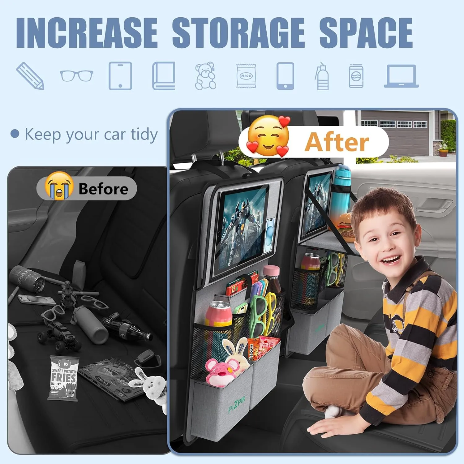 Car Backseat Organizer with Tablet Holder,11 Storage Pockets with Foldable Food Tray, Protector Kick Mats for Kids, Travel Accessories Organizer (Gray, 2Pack)