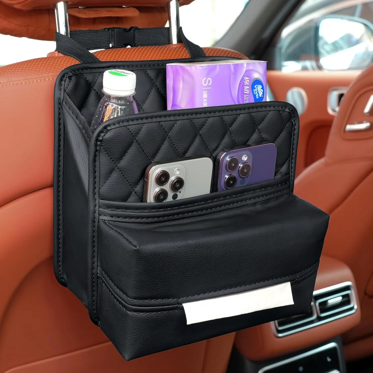 Car Seat Back Organizer, Waterproof Car Backseat Organizer with Tissue Box Hanging Car Storage Bag for Phones Documents Cups Bottle Travel Compatible with Most Vehicles