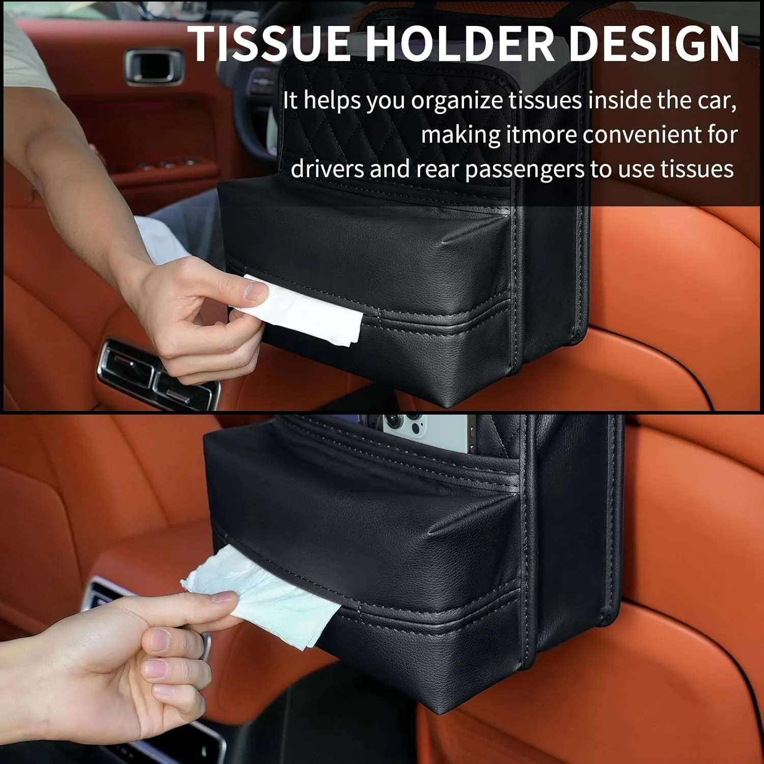 Car Seat Back Organizer, Waterproof Car Backseat Organizer with Tissue Box Hanging Car Storage Bag for Phones Documents Cups Bottle Travel Compatible with Most Vehicles