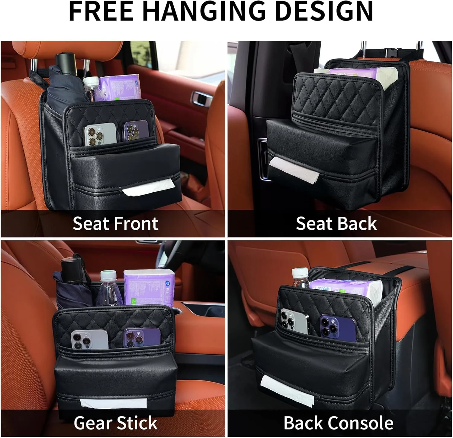 Car Seat Back Organizer, Waterproof Car Backseat Organizer with Tissue Box Hanging Car Storage Bag for Phones Documents Cups Bottle Travel Compatible with Most Vehicles