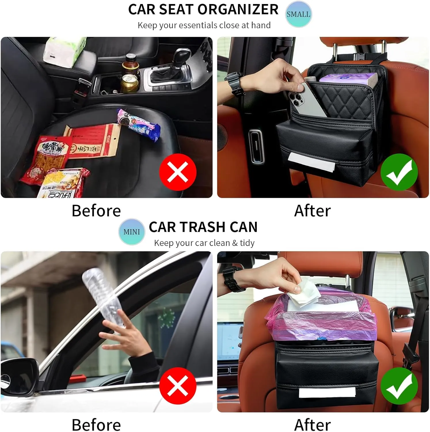 Car Seat Back Organizer, Waterproof Car Backseat Organizer with Tissue Box Hanging Car Storage Bag for Phones Documents Cups Bottle Travel Compatible with Most Vehicles