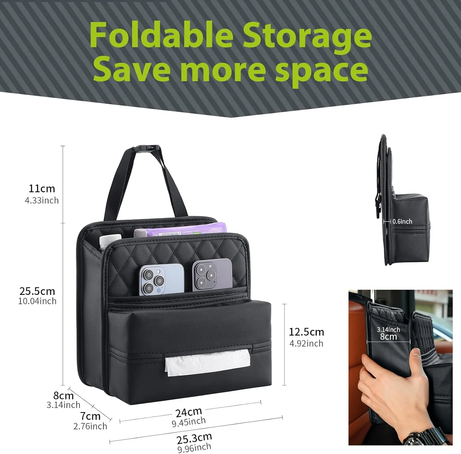 Car Seat Back Organizer, Waterproof Car Backseat Organizer with Tissue Box Hanging Car Storage Bag for Phones Documents Cups Bottle Travel Compatible with Most Vehicles