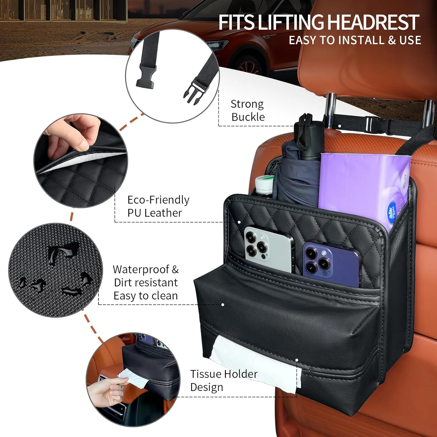 Car Seat Back Organizer, Waterproof Car Backseat Organizer with Tissue Box Hanging Car Storage Bag for Phones Documents Cups Bottle Travel Compatible with Most Vehicles