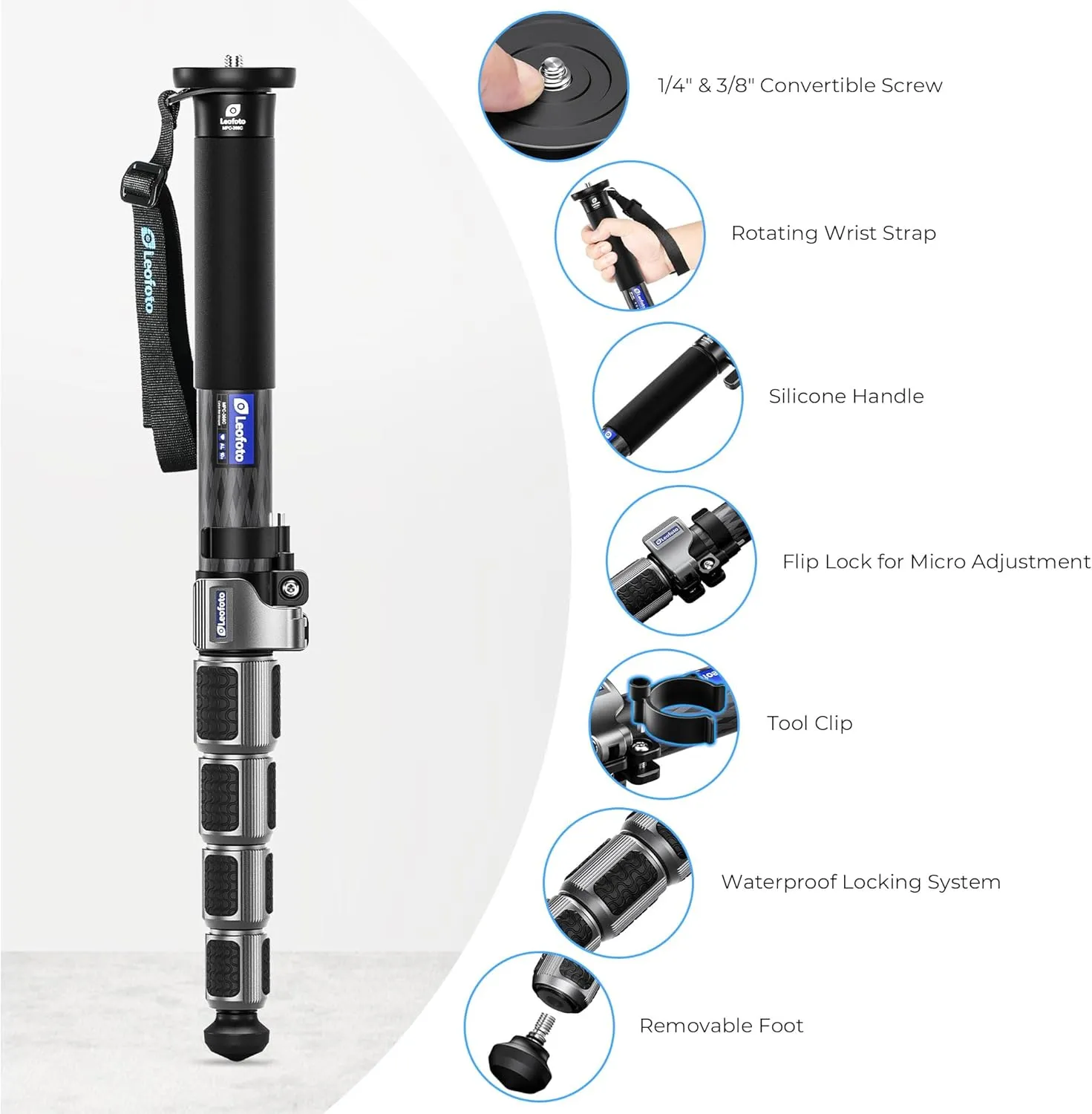 Carbon Fiber Camera Monopod Lightweight Travel Quick Lock System, Maximum Load 40kg, 360° Panoramic Camera Stand, Waterproof System (MPC-366C)