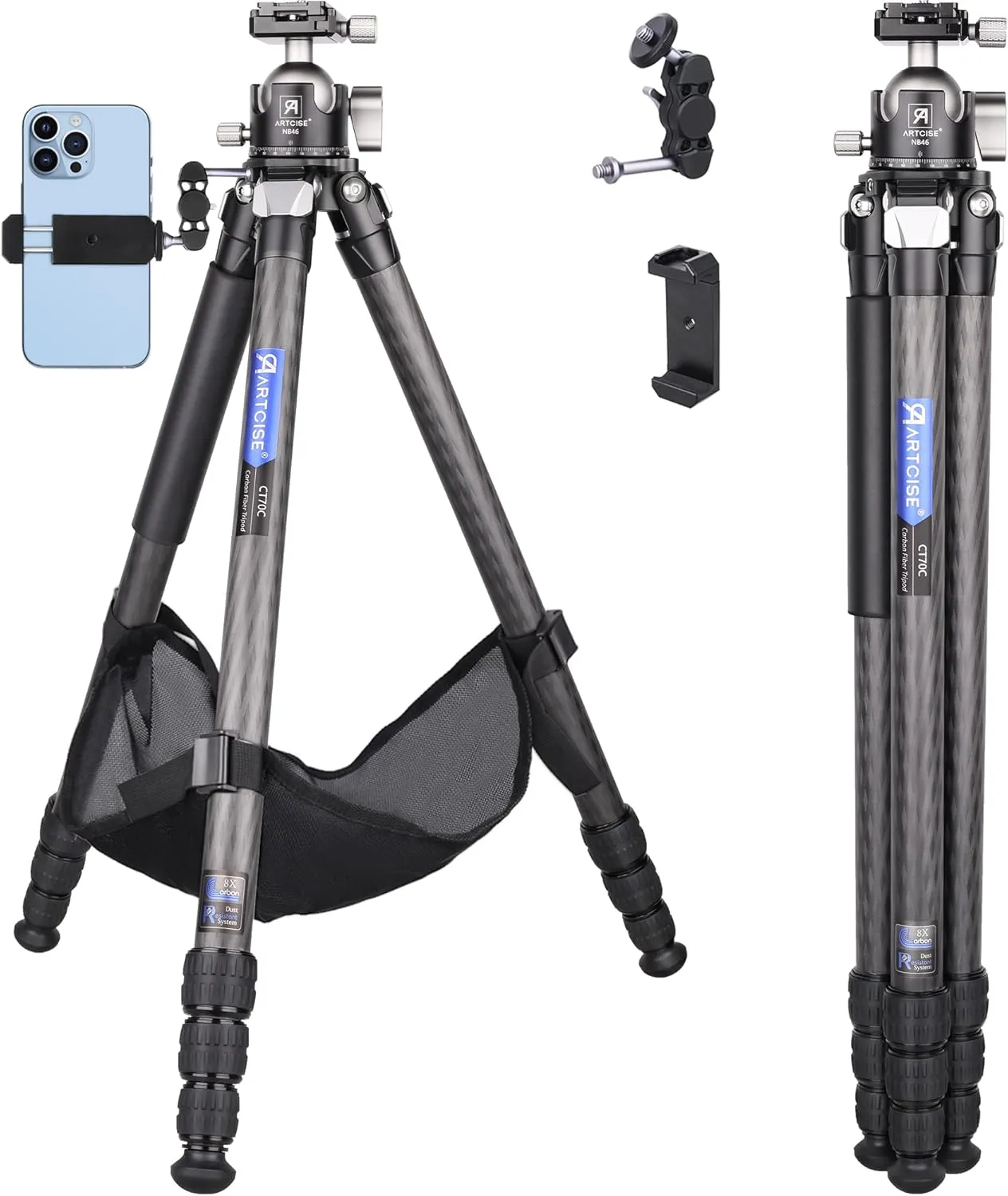 Carbon Fiber Tripod with 46mm Low Profile Ball Head and Stone Bag ARTCISE Heavy Duty Travel Camera Stand for Canon Sony Nikon DSLR Camcorder,Max Load 45lbs(Extra Gift:Stone Bag, Magic arm,Phone Clip)