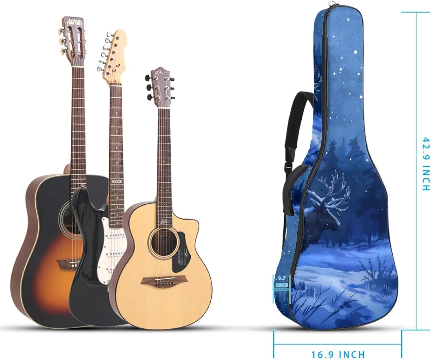Caribou Tree Forest Night Acoustic Guitar Bag, Guitar Case Gig Bag 40 41 42 inch with Dual Adjustable Shoulder Strap and Back Hanger Loop