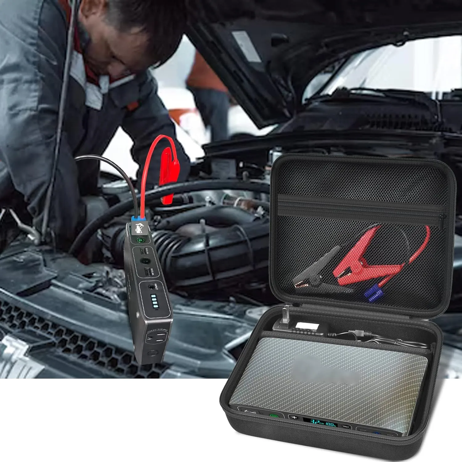 Case Compatible with Halo Bolt Air 58830 Mwh/for ACDC Max 55500 mWh/for Air  Portable Emergency Power Kit with Dividers, Jump Starter Storage Holder Bag for AC Inverter and Accessories-Black