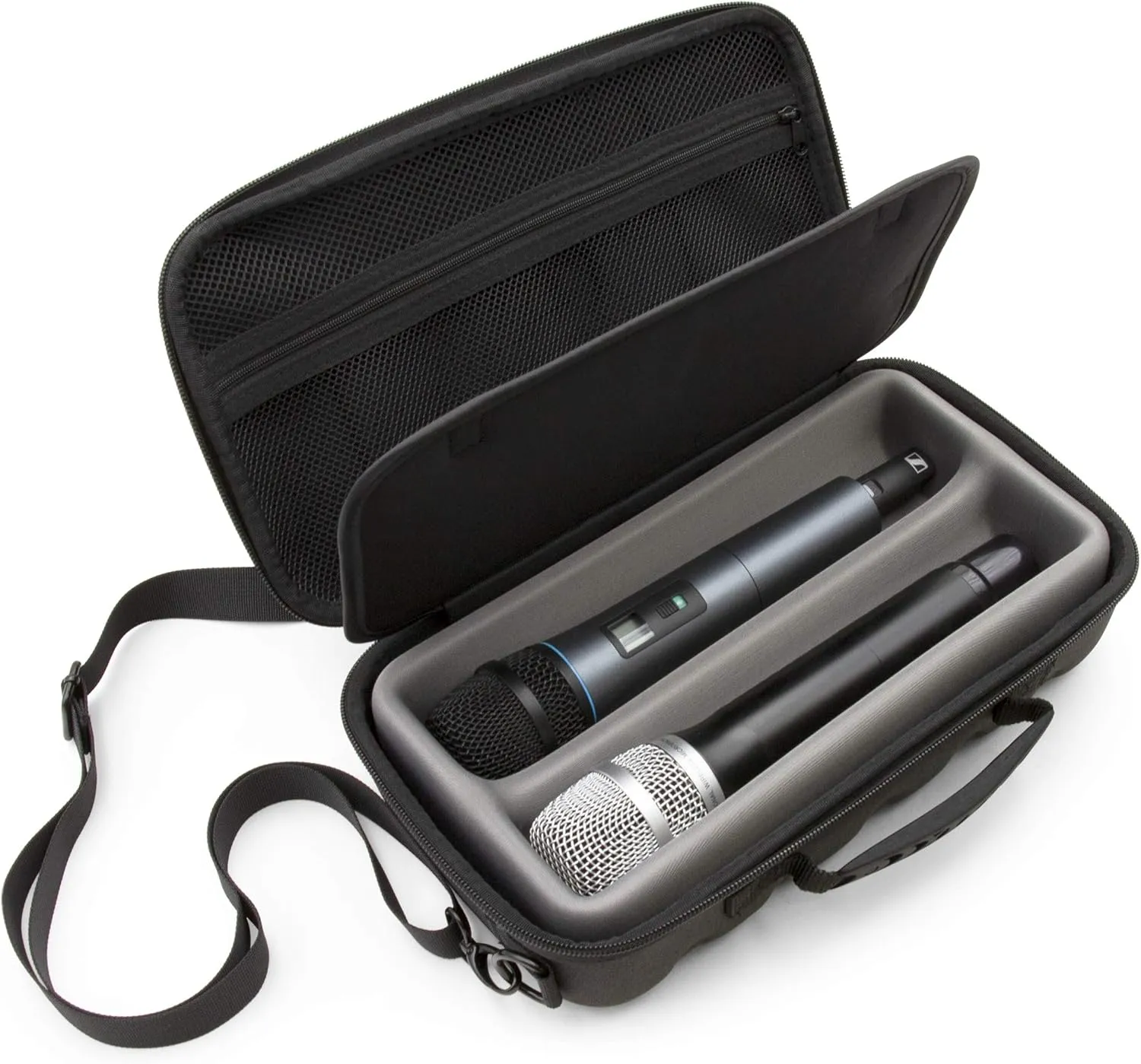 CASEMATIX Wireless Microphone Case Compatible with Two Wireless Mic System Microphones Up To 10.5" by Sennheiser, Shure and More - Sleek Mic Case For Travel with Lid Storage for Singing or Karaoke