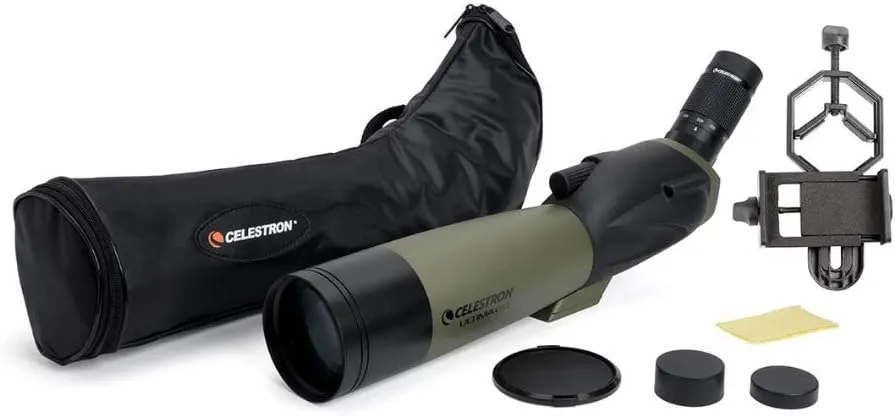 Celestron – Ultima 80 Angled Spotting Scope – 20-60x Zoom Eyepiece – Multi-Coated Optics for Bird Watching, Wildlife, Scenery and Hunting – Includes Soft Carrying Case and Smartphone Adapter