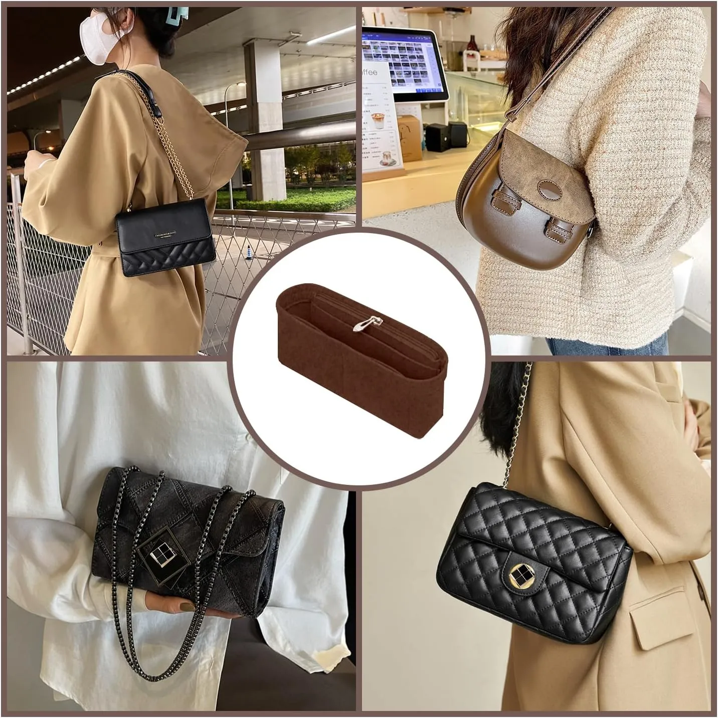 Chispee Purse Organizer Insert Felt Bag Organizer fit GG Marmont Matelasse Shoulder Bag Storage & Finishing Inner Handbags Insert Organizer for Longchamp Mini,Coffee