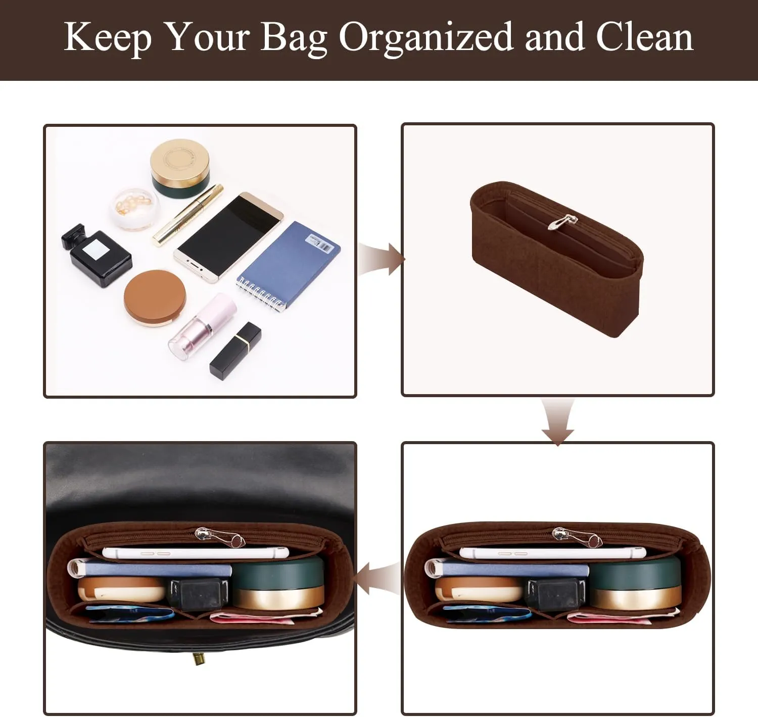 Chispee Purse Organizer Insert Felt Bag Organizer fit GG Marmont Matelasse Shoulder Bag Storage & Finishing Inner Handbags Insert Organizer for Longchamp Mini,Coffee
