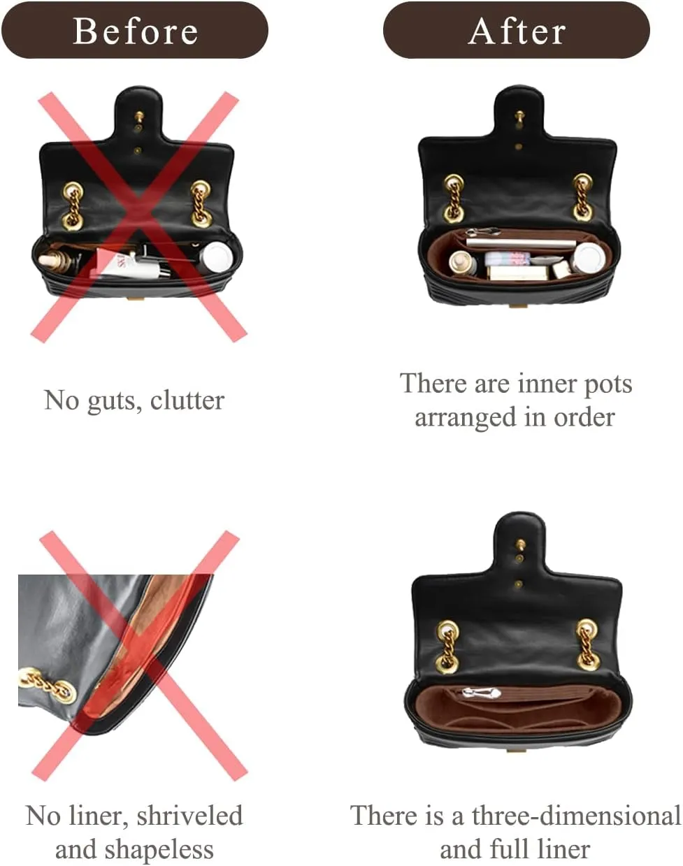 Chispee Purse Organizer Insert Felt Bag Organizer fit GG Marmont Matelasse Shoulder Bag Storage & Finishing Inner Handbags Insert Organizer for Longchamp Mini,Coffee
